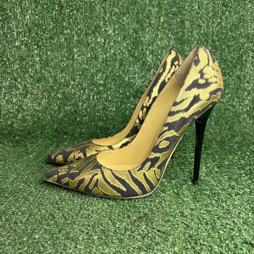 NEW Jimmy Choo‎ Anouk Animal Print Metallic Stiletto Heel Pumps Gold Womens Sz 8